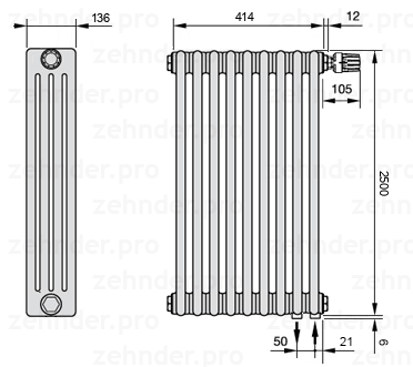 Схема (чертеж) Радиатор Zehnder Charleston 4250/9 №V002 Белый глянцевый RAL 9016